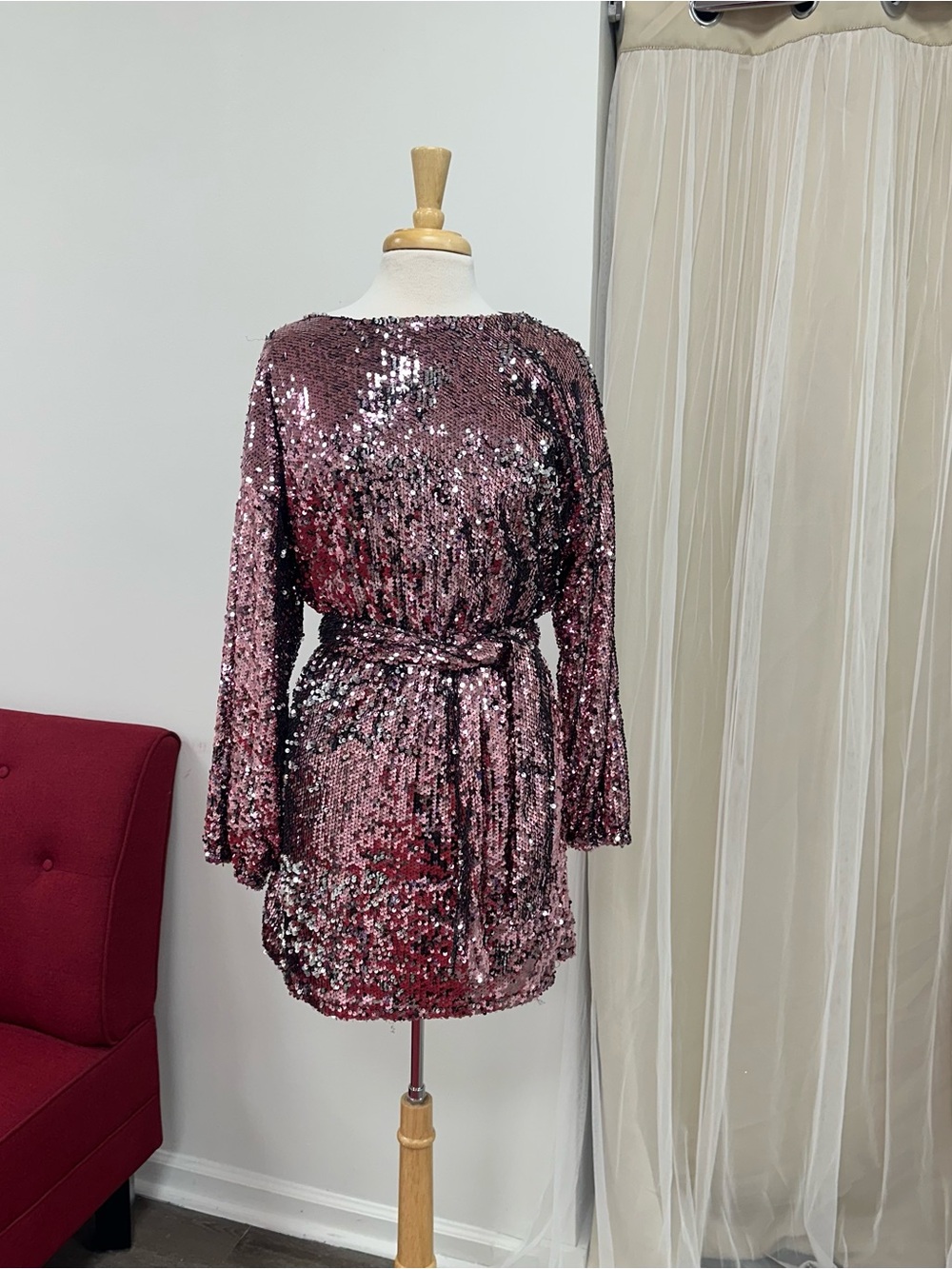 Small Pink Long Sleeve Sequin Mini New Years Birthday Dress